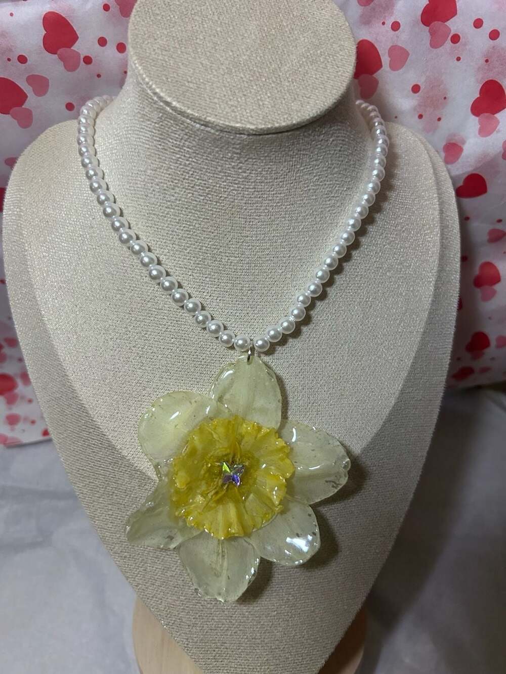 Handmade Resin Daffodil Botanical Pendant on Faux Pearl Bead Necklace